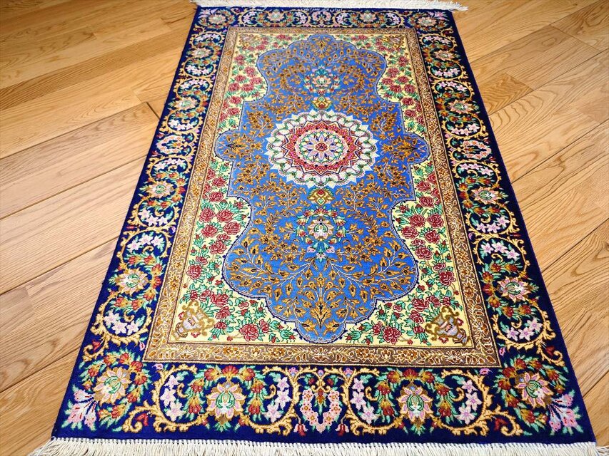 ペルシャ絨毯クム産シルク サラヤン工房 玄関マット 92x60㎝ ブルー