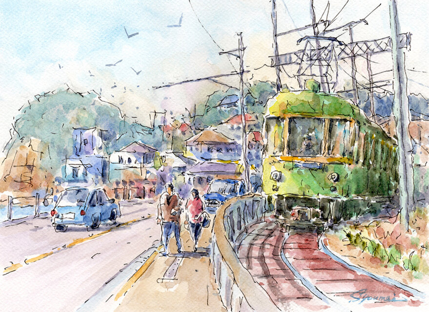 水彩画原画 江ノ電・小動岬から七里ヶ浜へ ＃671 | iichi 日々の暮らし