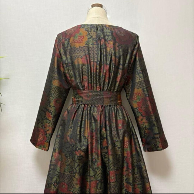 着物リメイク 大島紬花柄ロングワンピース ジャンパースカート 2WAY