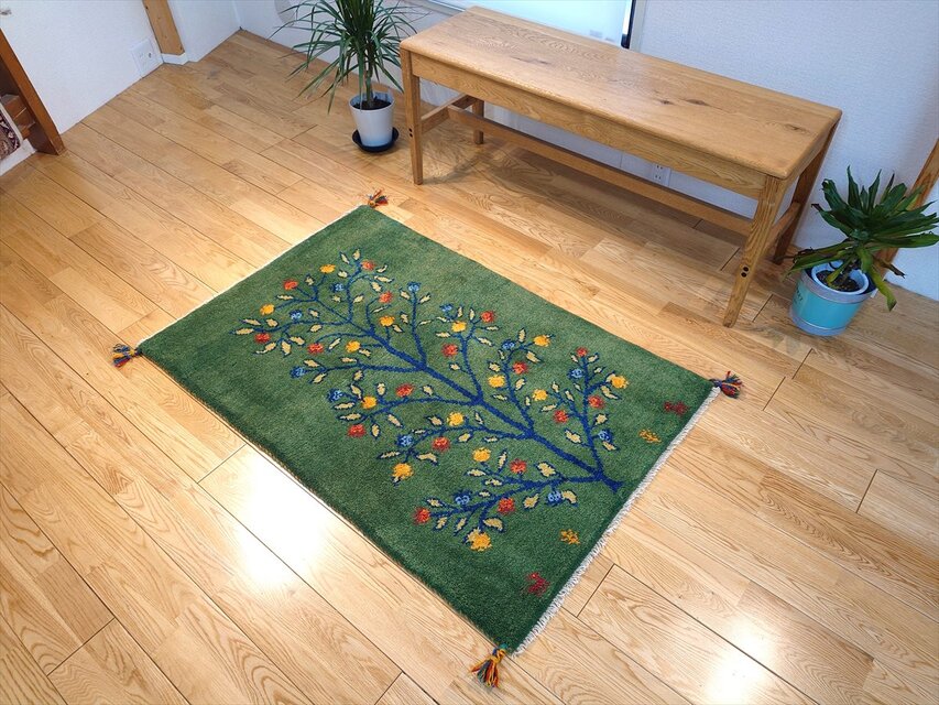 ペルシャ ギャッベ 玄関マット大 ウール 120x78cm 緑色 生命の木