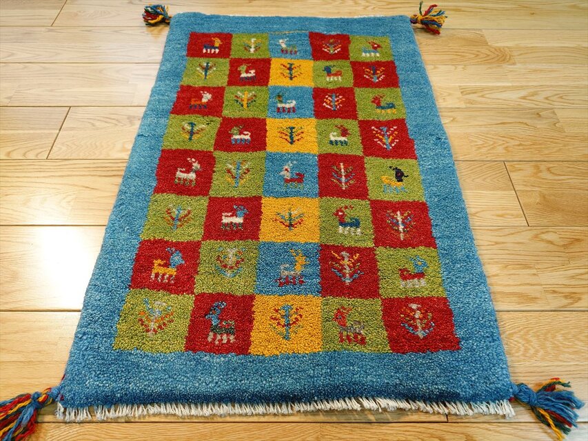 ペルシャ ギャッベ 玄関マット ラグ 78x58cm 青色 パネル柄 生命の木