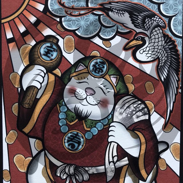 尾九 開運イラスト 大黒猫 A4サイズ フレーム付き | iichi 日々の