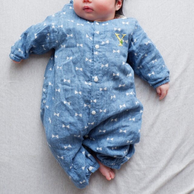 背守り刺繍の2wayロンパース(国産ダブルガーゼ)＊リボン柄×デニム風