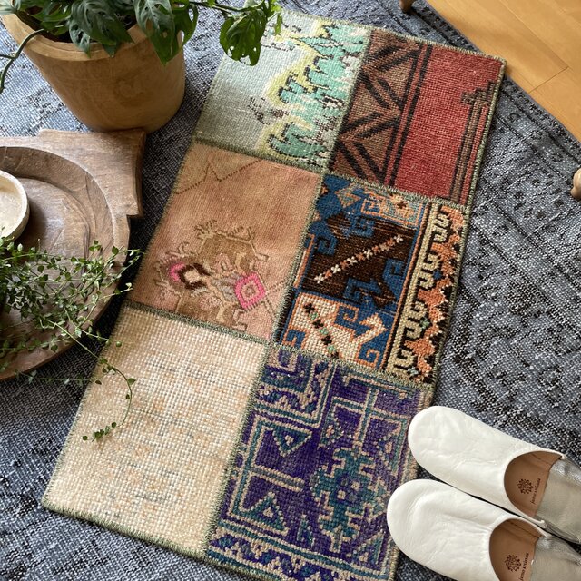 トルコヴィンテージラグ パッチワークラグ 46×87 グリーンブラウン