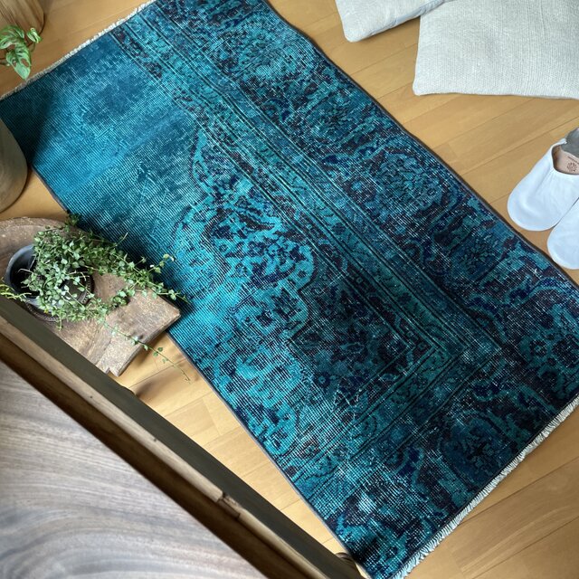 トルコヴィンテージラグ ブルーグリーン 61×117 オーバーダイ 神秘的