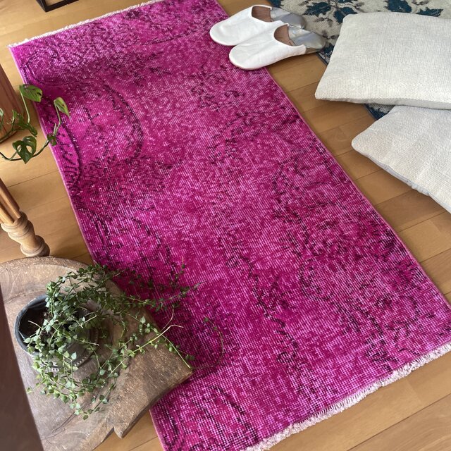 トルコヴィンテージラグ A86 レア ベージュ イエロー プラム ピンク