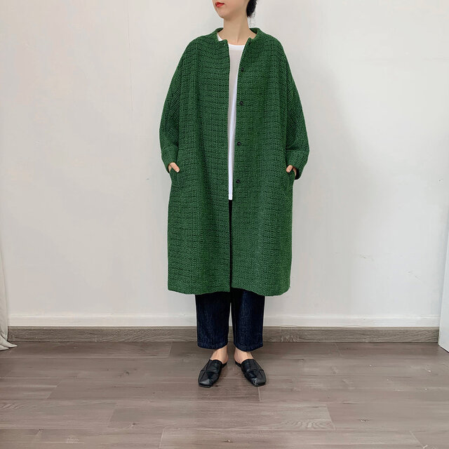 en-enウール混紡・モール・ツイード・ドルマン袖コート・グリーン