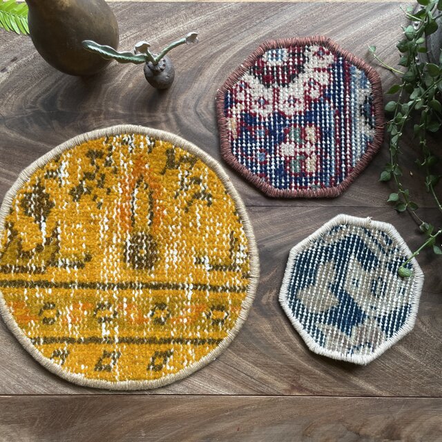 トルコヴィンテージラグ 3枚セット オレンジイエロー コースター 鍋敷