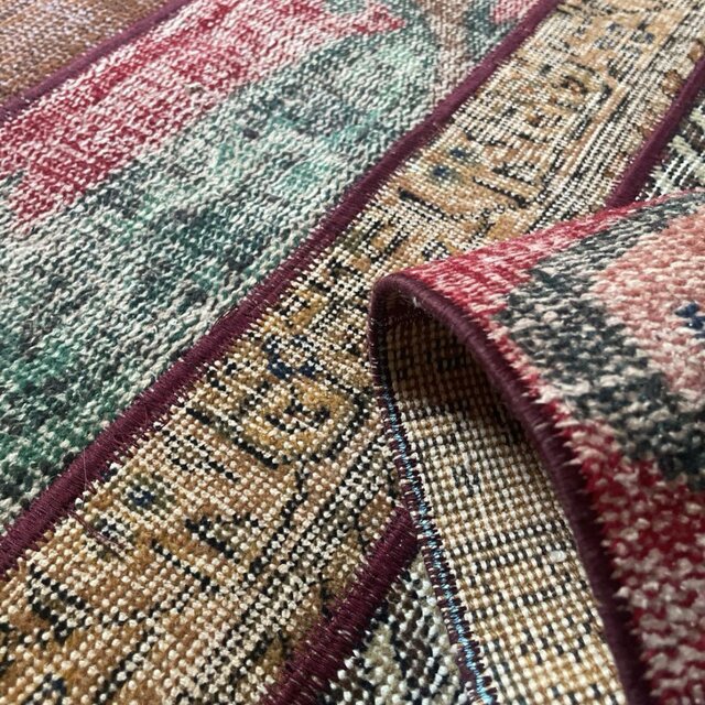 62.5×142 パッチワークラグ ボルドーステッチ トルコヴィンテージラグ
