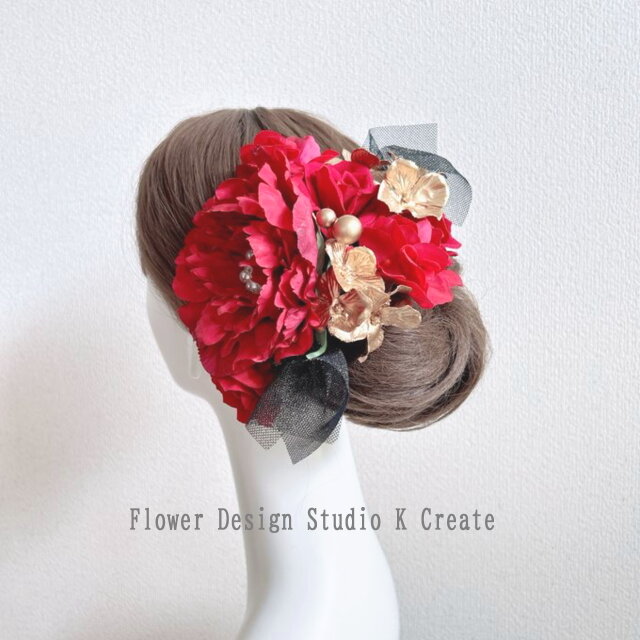 赤いピオニーと赤い薔薇のヘッドドレス 美女と野獣 ウェディング 赤