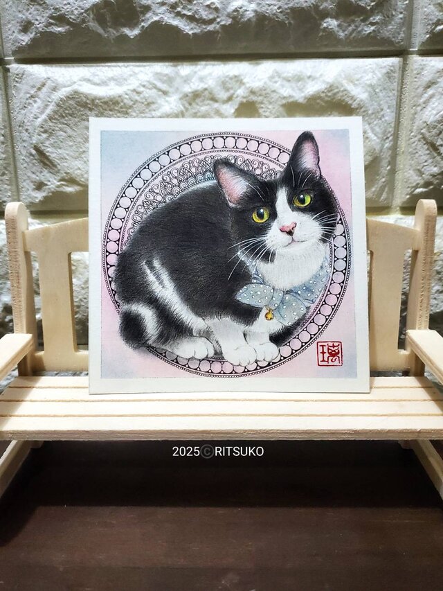 原画 はちわれ 猫の絵 ネコの絵 ねこ 猫 ネコ 額入り 額装付き 新品