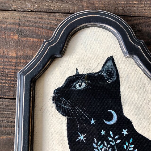 導きの黒猫」額付 アート作品 原画 徳島洋子作品 アクリル画 猫