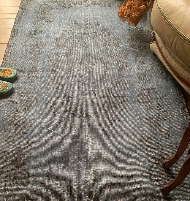 トルコヴィンテージラグ 207×104 グレー ブラック チョコ オーバーダイ