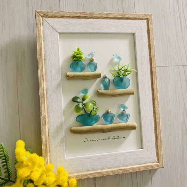 シーグラスアート 海の宝石 幸せの青い鳥 インテリア雑貨 書斎 観葉