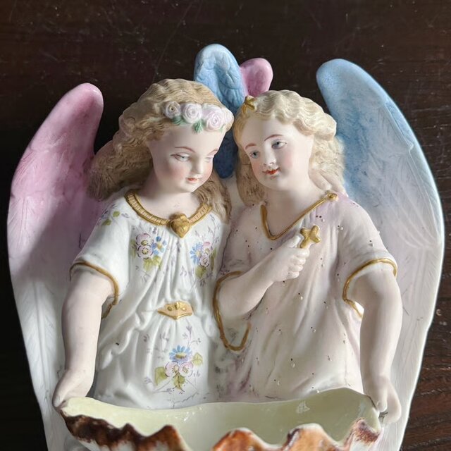 ベニティエ 聖水盤 二人 天使 ビスク ポリクローム 彩色 h24cm