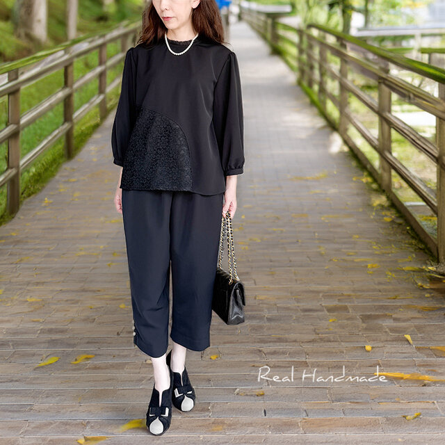 予約販売] ブラックジョーゼット×レース・アシンメトリーブラウス