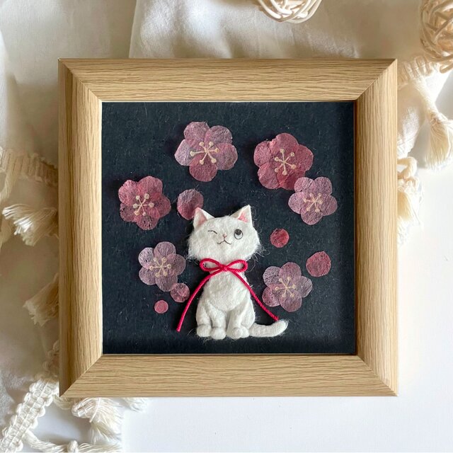 原画］和紙ちぎり絵『紅梅と白猫』早春を告げる小さなインテリアアート