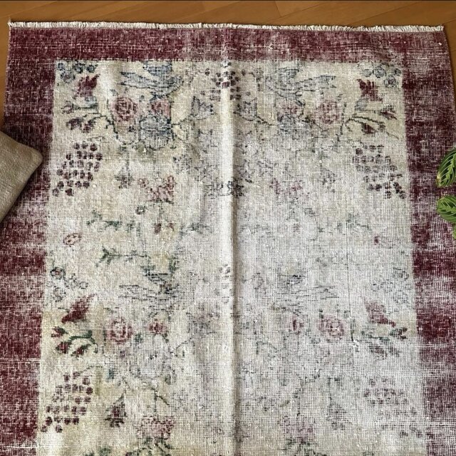 111×207 擦れシャビー 幸せな青い鳥 トルコヴィンテージラグ | iichi