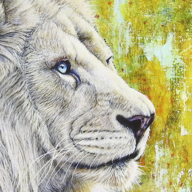 絵画パネル 「白き王者」ホワイトライオン A5サイズ 全面ニス塗装