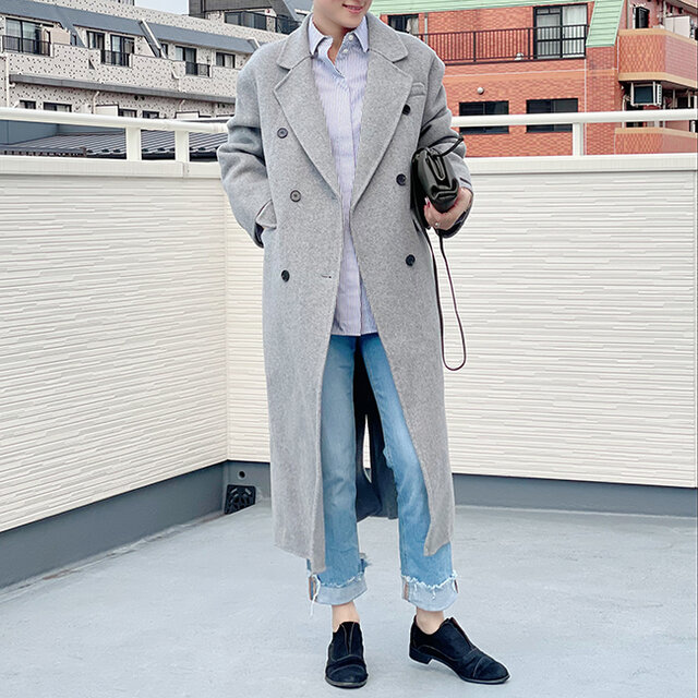 新作】ヘリンボーン柄リバーシブル生地の半裏付きダブルブレストコート