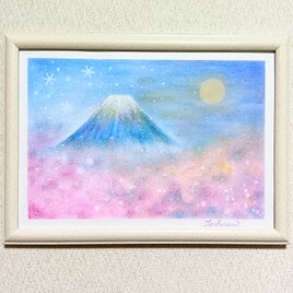 新春パステルアート レインボー・フジ 富士山と虹 パステル画原画