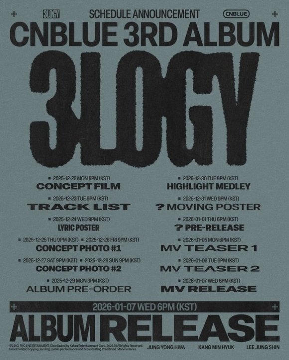 CNBLUE、2026年1月7日にカムバック決定！3rdフルアルバム「3LOGY