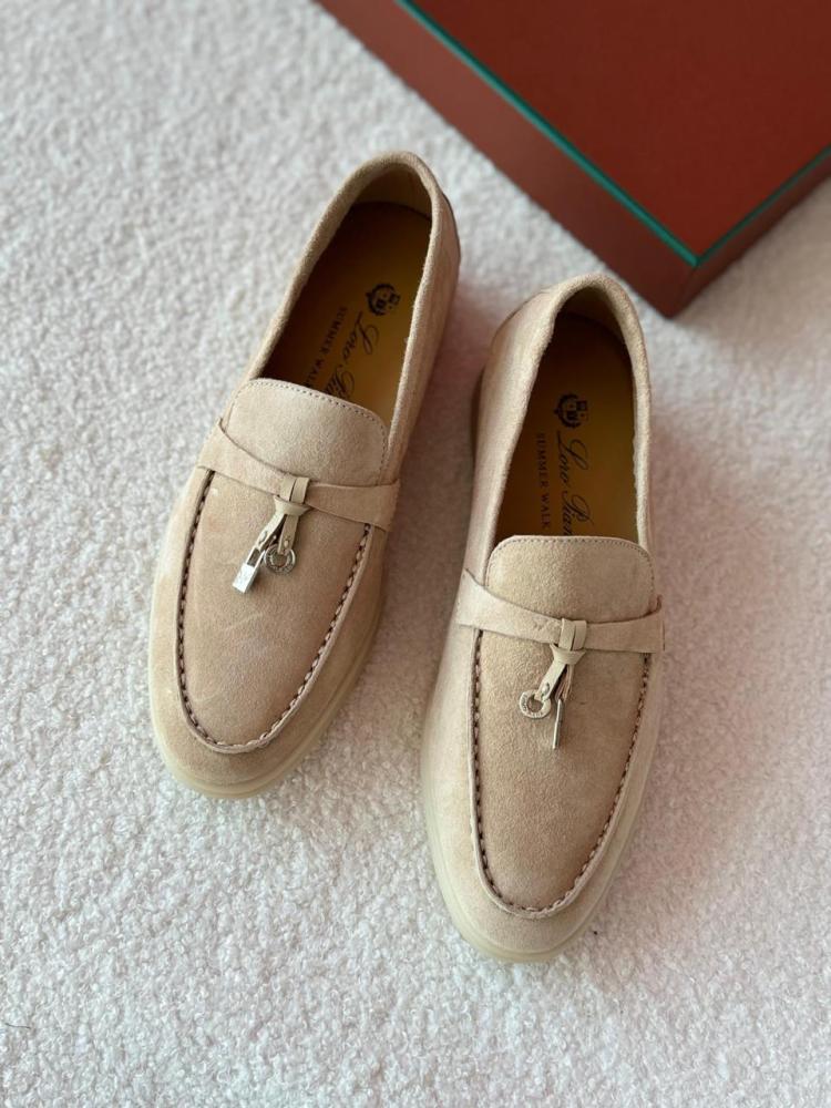 Loro Piana Women's Suede Loafer Walking Shoe in Beige - E-SEVEN STORE