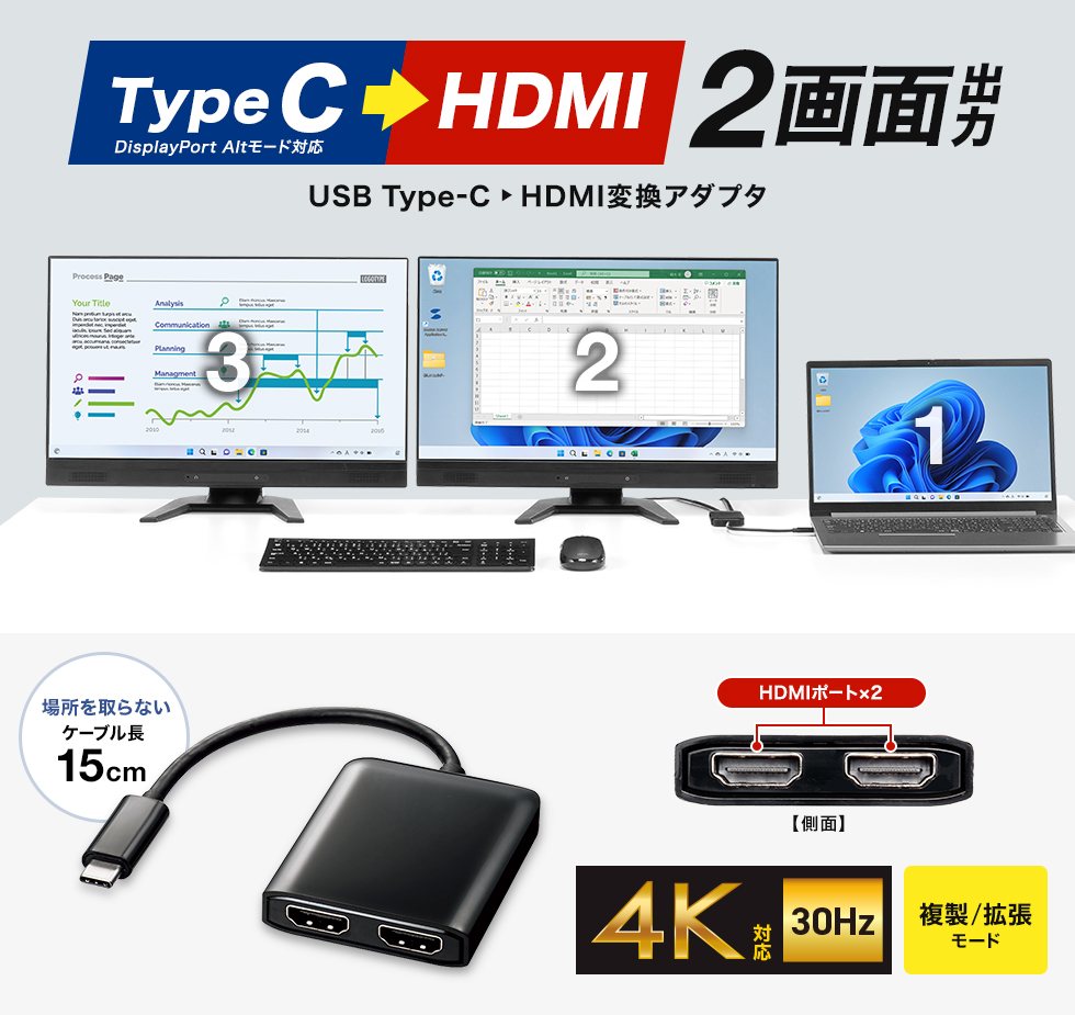 AD-ALCMST2HD【USB Type C-HDMI変換アダプタ（2ポート・4K/30Hz対応