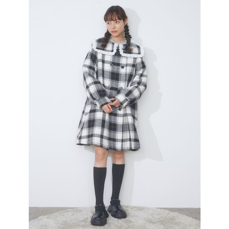 チェックセーラーカラーAラインコート[品番：MKSW0053816]｜merry
