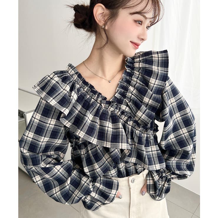 マルチウェイオフショルフリルリボンショート丈長袖チェックブラウス