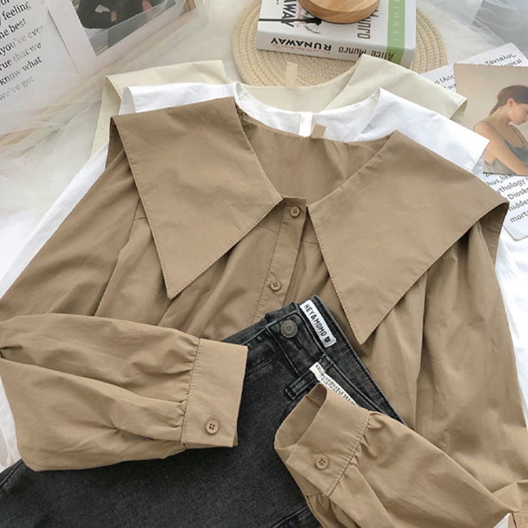 ビッグカラーブラウス セーラーカラー ギャザー ボタン[品番