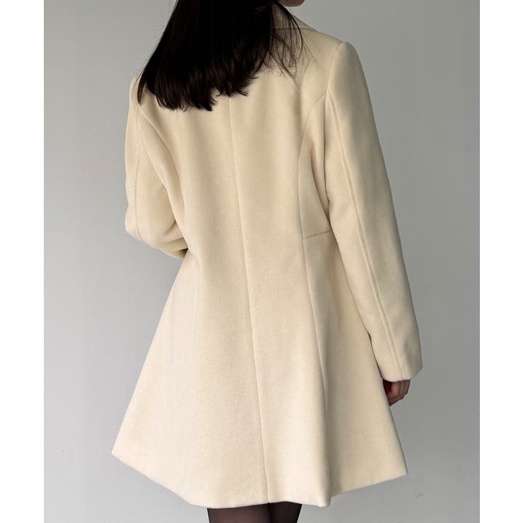 ショールカラーミドル丈ウエストシェイプフレアコート[品番