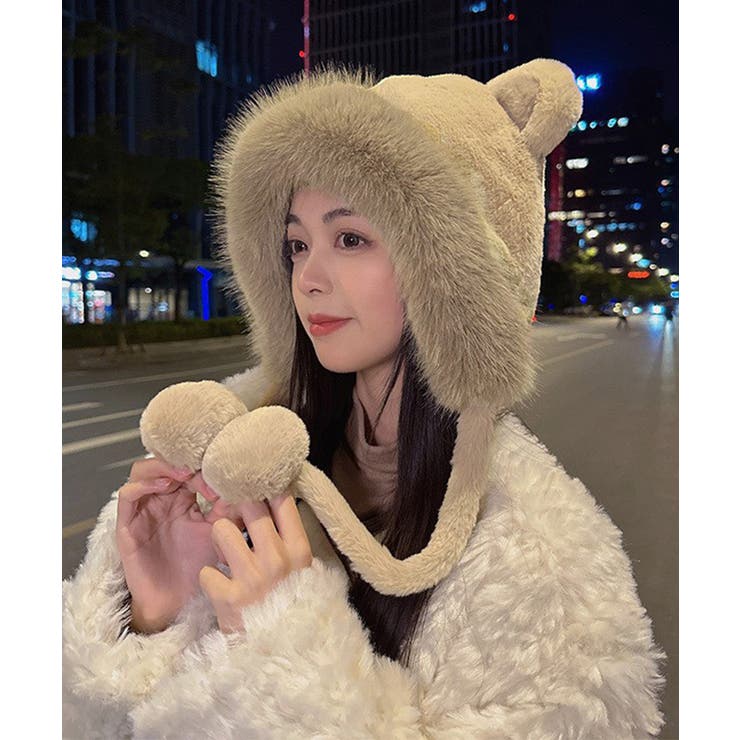 レディースファー帽子 くま耳帽子 暖かい[品番：AGCW0006076