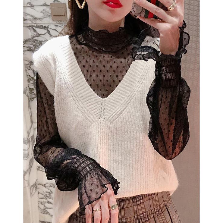 フリル レースシアーブラウス シャーリングタートルネック[品番