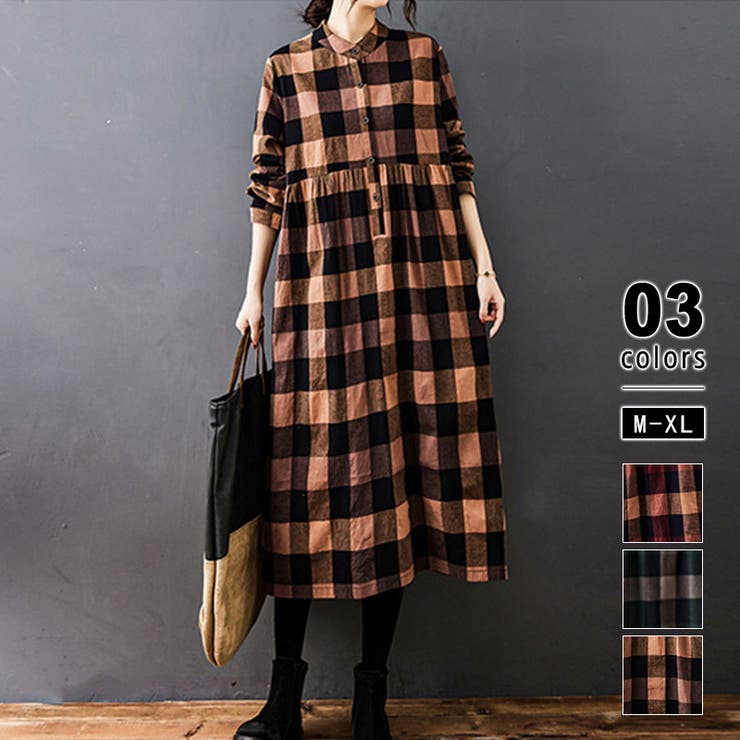 シャツワンピース チェック柄 ロングワンピース[品番：COCW0006237