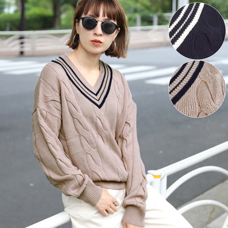 ゆったりケーブル編みチルデンニット(トップス Vネック ラインニット