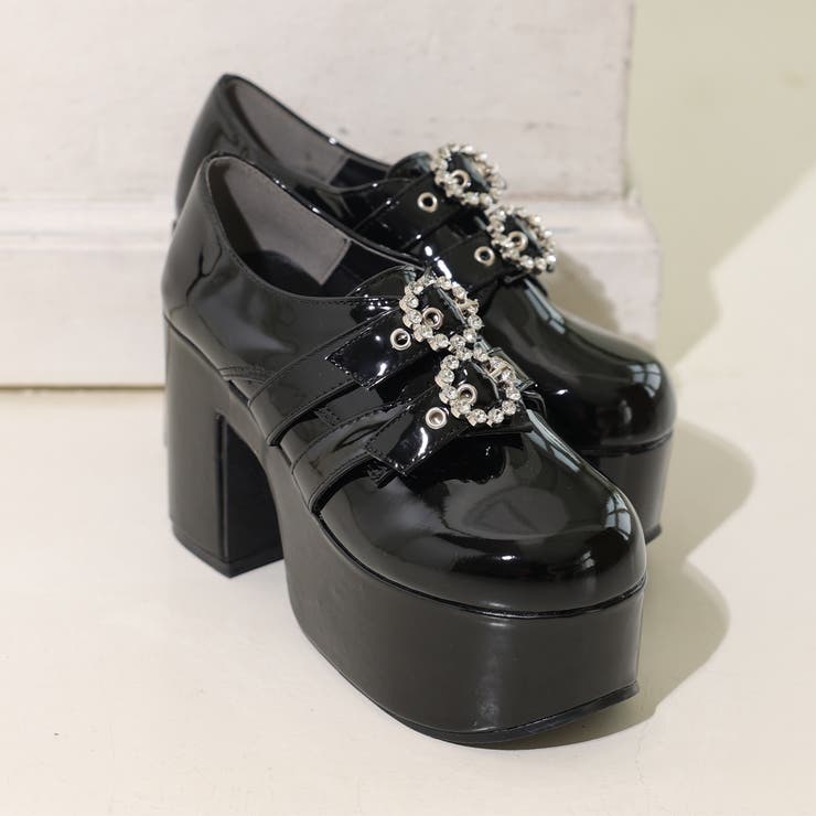 25年春夏再販】厚底太ヒール☆ビジューバックルベルト ローファー