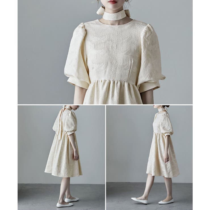 etoll エトル ジャガードパフスリーブドレス[品番：FT000008539