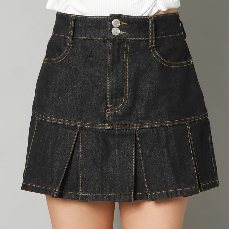 脚長シルエット×2ボタンハイウエスト》レディース デニム ミニスカート