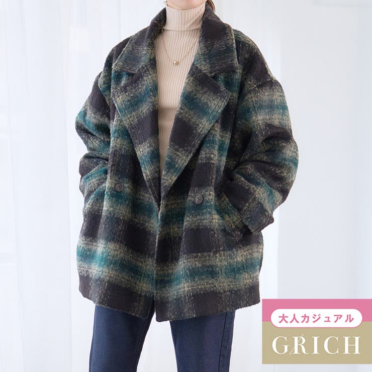 シャギーチェック柄コクーンミドルコート チェック コクーン[品番