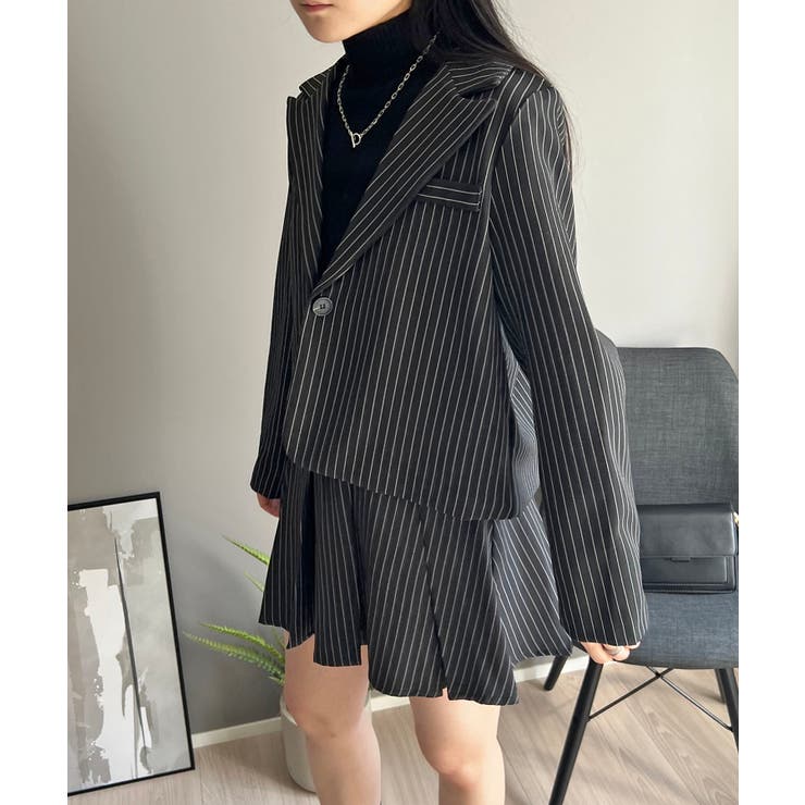 ピンストライプジャケット×プリーツスカート セットアップ[品番