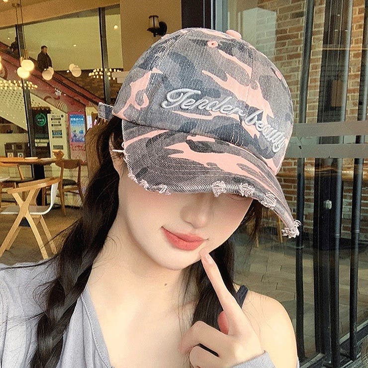 迷彩柄刺しゅうロゴダメージキャップ[品番：SHNW0012362]｜SHEENA