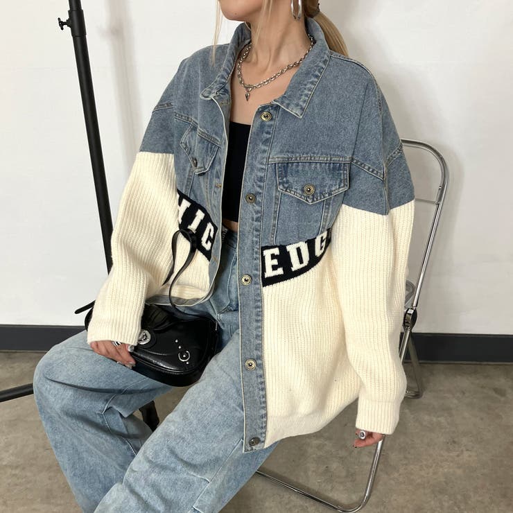 デニム切替ニットカーディガン[品番：NHGW0005366]｜non-hedge