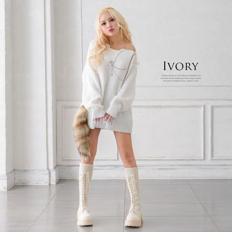 厚底レースアップリブストレッチロングブーツ 韓国 夢展望[品番