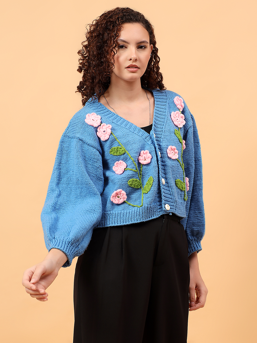 Velvery Knitted Floral Embroidery V-Neck Cardigan - Blue
