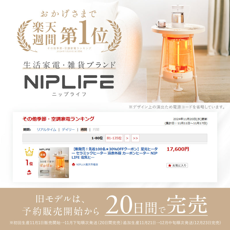NIPLUX公式店】360度あったか 電気ヒーター NUKUREA｜遠赤外線カーボン