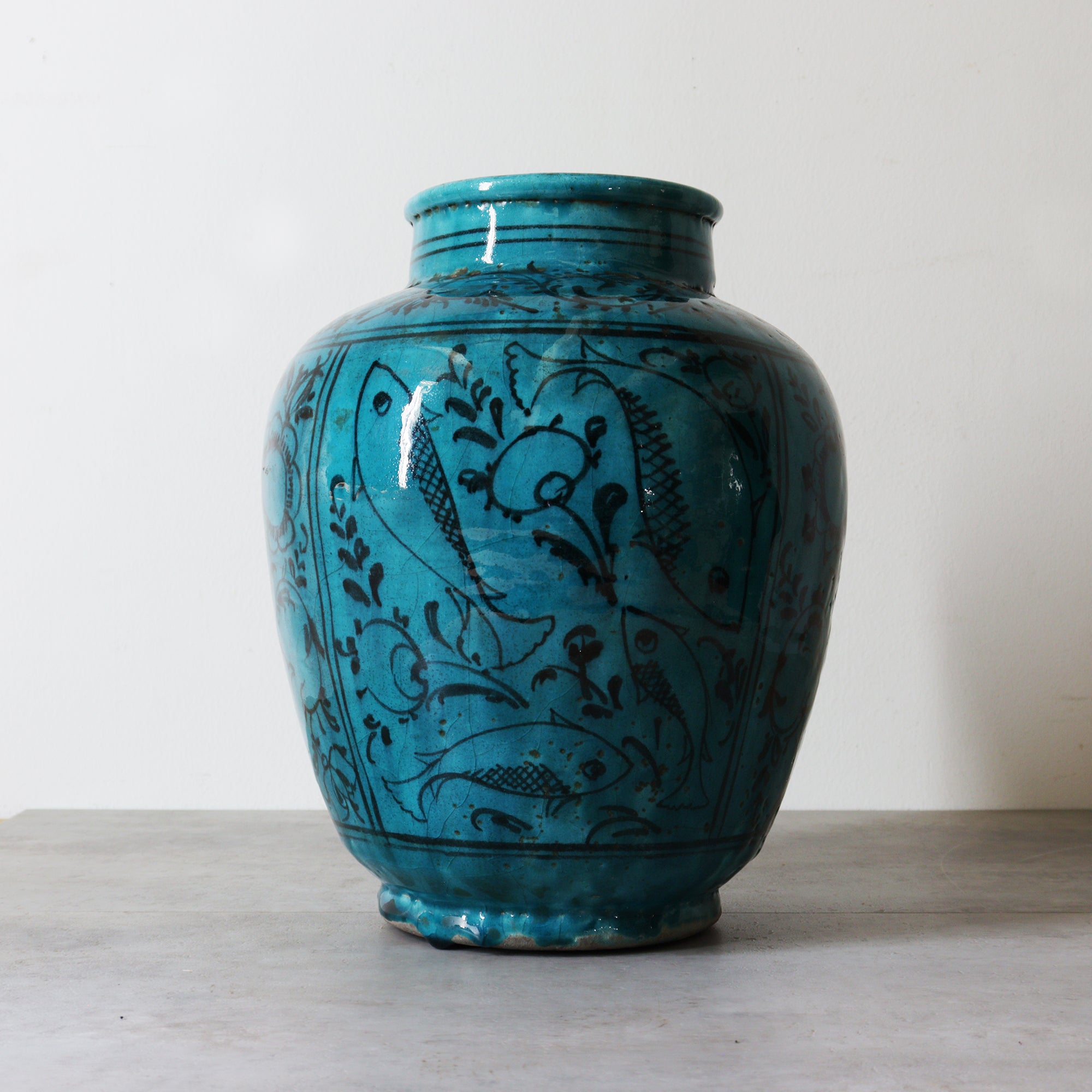 ペルシャ青釉草花魚紋壺【 Persian pot 】 [k0599] – 青梵ギャラリー