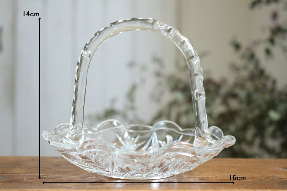 ハンドル付きガラスバスケット（高さ14cm） イギリスアンティーク