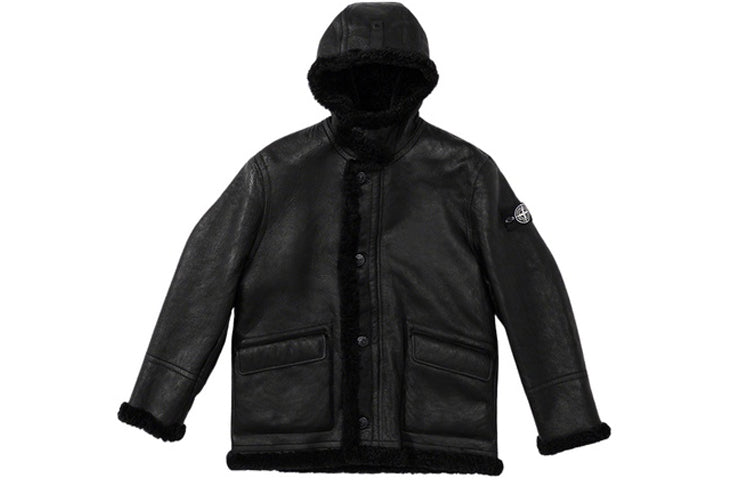 Supreme x Stone Island Hand-Painted Hooded Shearling Jacket 'Black
