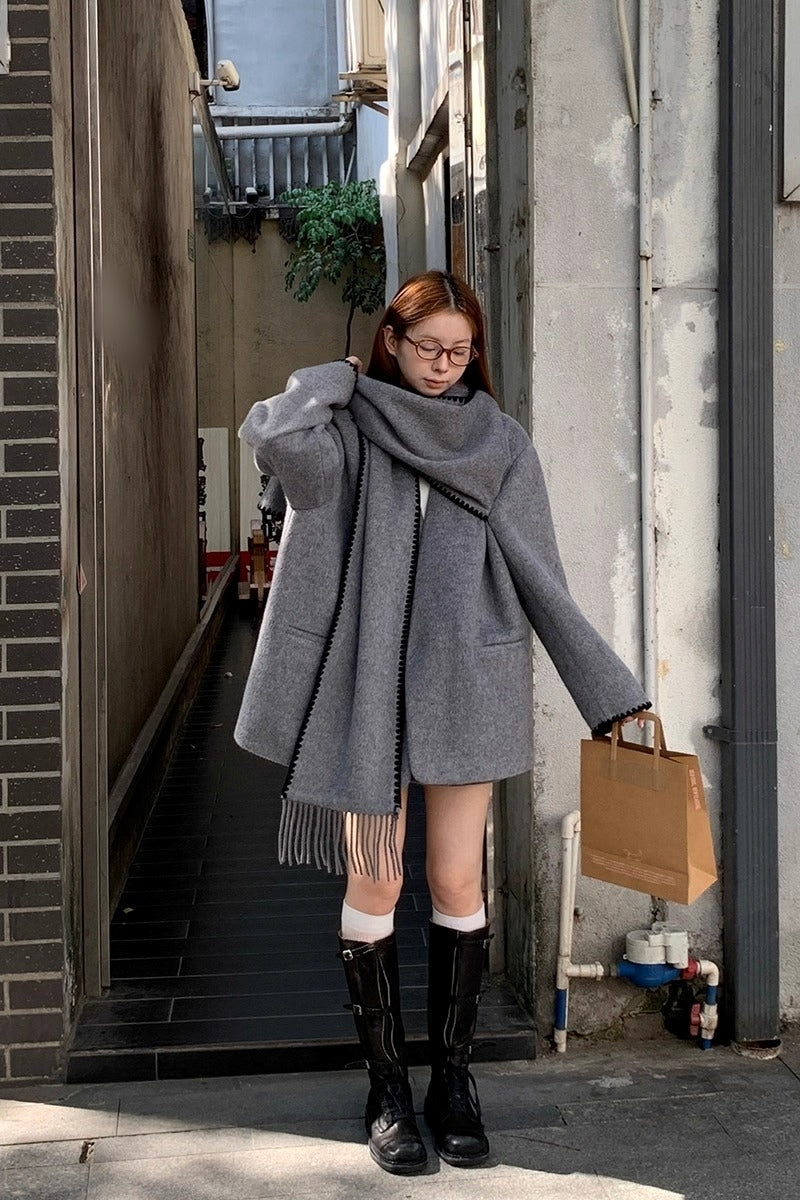 ウールグレーマフラーケープコート - dereborujo | 60% - アジア